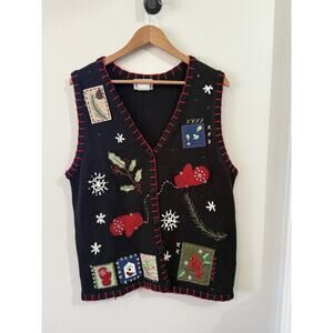 Vintage 90s Basic Editions Holiday Christmas Embroidered Knitted Vest Large